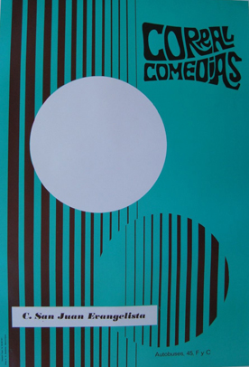 Cartel base de Corral de Comedias, con el círculo donde se anunciaba el espectáculo en blanco.