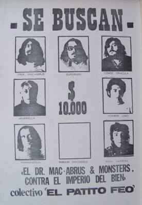 Cartel de la compañía de El doctor Mac Abrus & Monsters, contra el imperio del bien, por el Colectivo El Patito Feo, creado en Huesca en 1976.