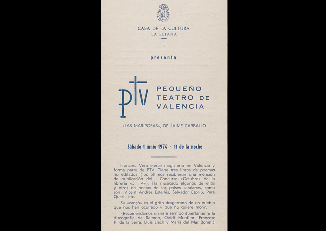 Las mariposas, de Jaime Carballo, por Pequeño Teatro de Valencia (P.T.V.). Programa de mano de su representación en la Casa de Cultura de La Eliana. Procedencia: CDAEM.