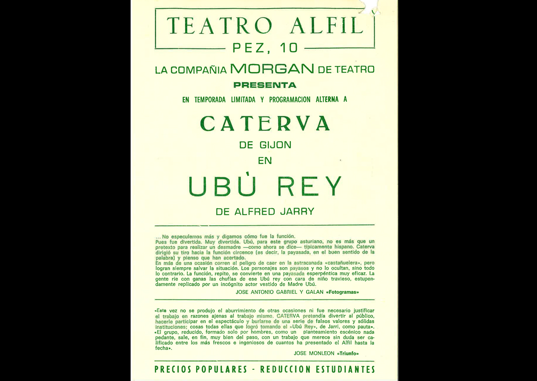Ubú Rey, de Alfred Jarry, por Caterva. Programa de su representación en el Teatro Alfil de Madrid. Procedencia: CDAEM.