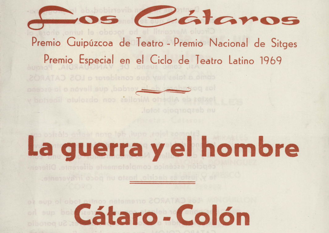Programa de mano de una actuación de Cátaro para la Asociación de Espectadores de Tarragona, compuesta por La guerra y el hombre y Cátaro-Colón. Procedencia: CDAEM.