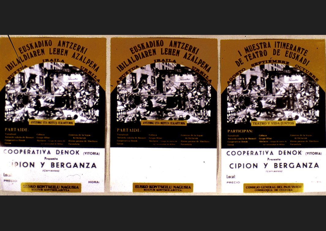 Cipión y Berganza, de la Cooperativa Denok, a partir de textos de Cervantes (1978). Cartel de su representación en la I Muestra de Teatro Itinerante de Euskadi. (Procedencia: CDAEM).