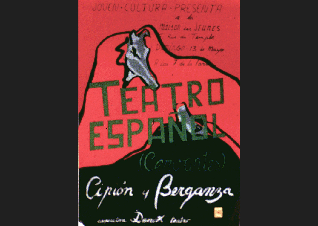 Cipión y Berganza, de la Cooperativa Denok, a partir de textos de Cervantes (1978). Cartel de su representación en Ginebra. (Procedencia: CDAEM).