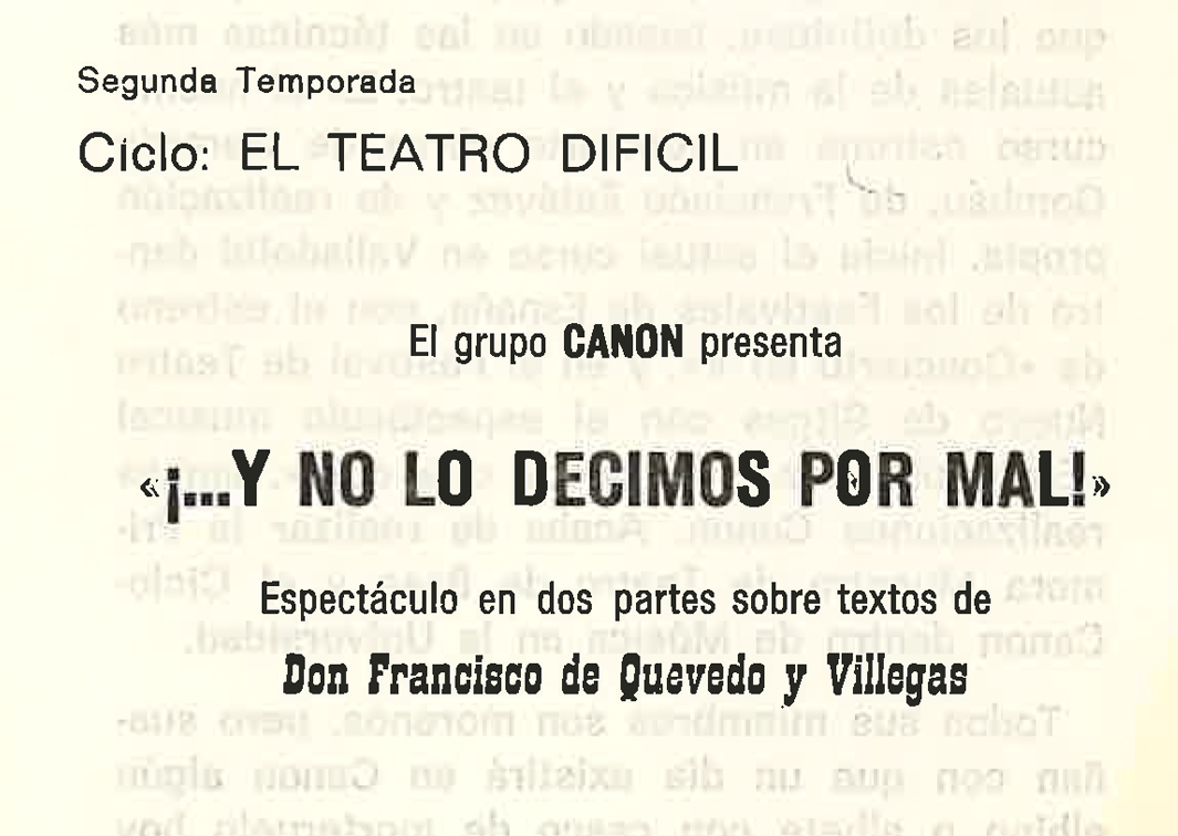 ¡…Y no lo decimos por mal! Dramaturgia sobre textos de Quevedo (1970). Programa de mano de su representación en el Teatro Club Pueblo. Procedencia: CDAEM.