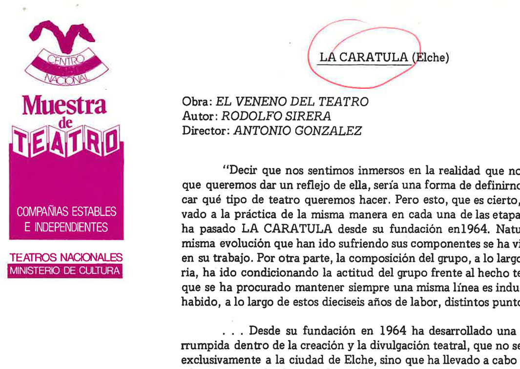 La Caratula. El veneno del teatro, de Rodolf Sirera (1980). Dossier promocional para distribución. Procedencia: CDAEM. 