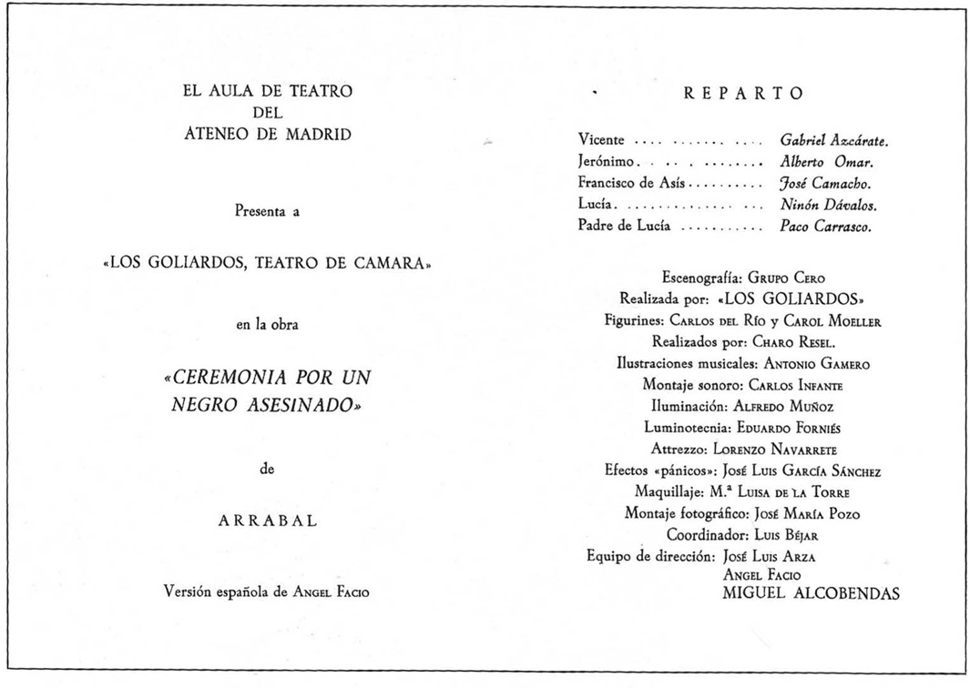 Los Goliardos. Ceremonia por un negro asesinado, de Fernando Arrabal. Programa de mano de su representación en el Ateneo de Madrid (1966). Procedencia: CDAEM.