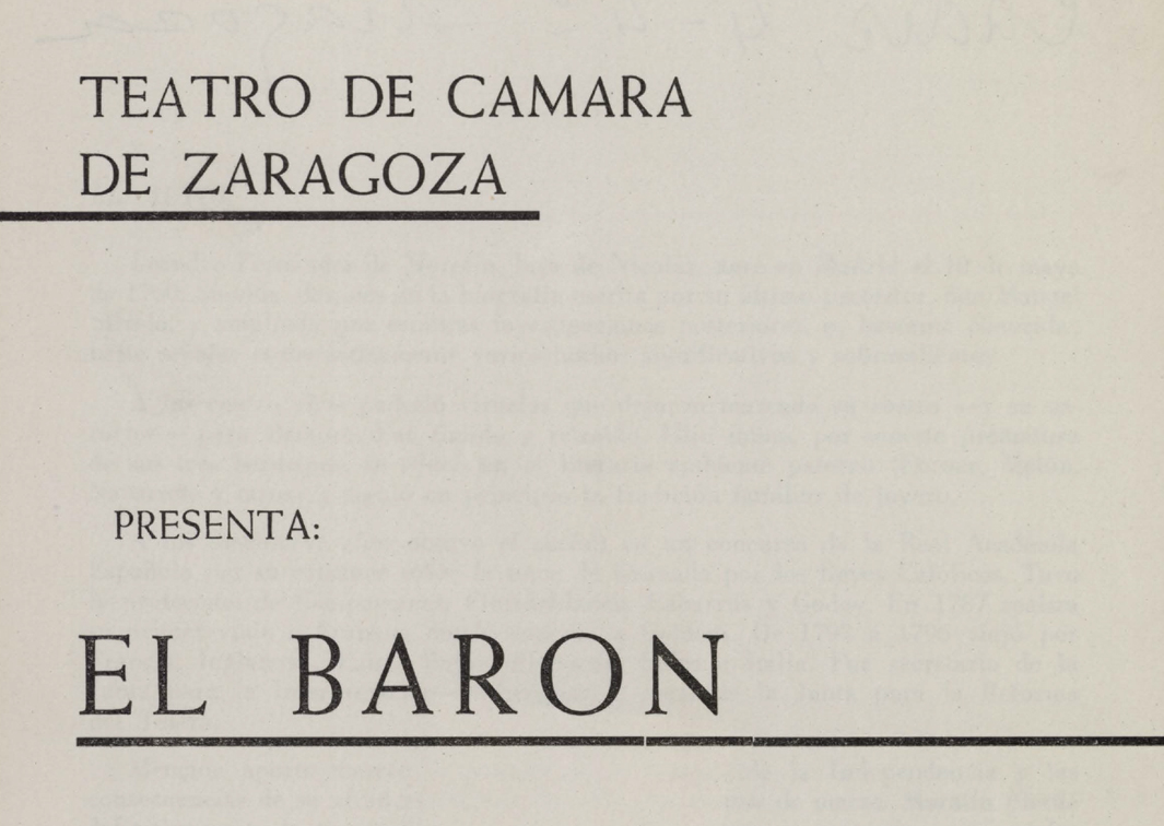 Teatro de Cámara de Zaragoza. El barón, de L. Fernández de Moratín (1966). Programa de mano. Procedencia: CDAEM.