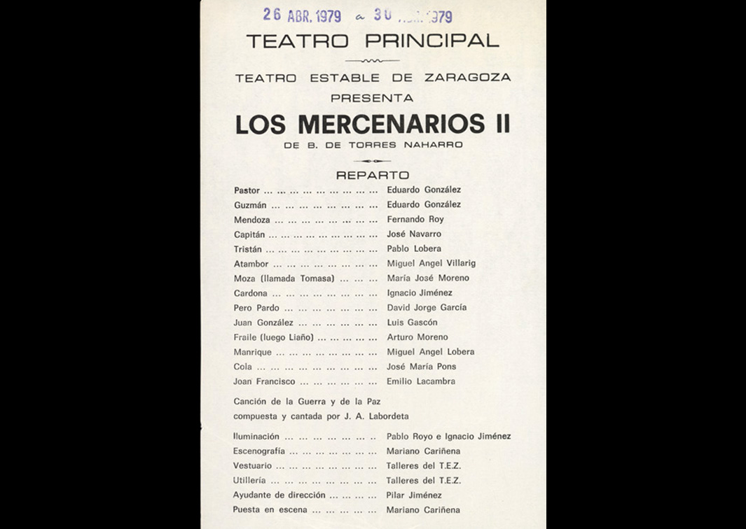 Teatro Estable de Zaragoza. Los mercenarios II, de Bartolomé de Torres Naharro (1979). Programa de mano. Procedencia: CDAEM.